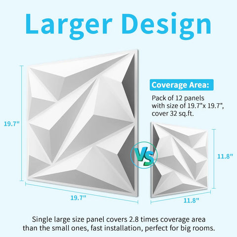 Image comparing Diamond 3D PVC Wall Panels White 19.7" to smaller panel; shows coverage and texture details.