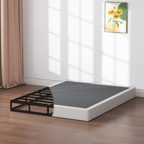 Heavy Duty Queen Box Spring 7 Inch Metal Frame Mattress Foundation Bed Base Built Tough For Rock Solid Support And Zero Flex Design 3000 Pound Weight Limit in cozy bedroom setting.