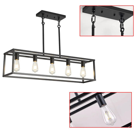 Farmhouse Black 5 Light Kitchen Island Pendant Light Set, Dope Modern Linear Cage Ceiling Fixture for Dining Room, Dimmable E26 Base