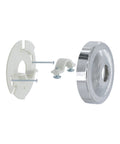 Shower Arm Stabilizer Bracket With Flange Cover Chrome Finish for wobbly shower arms, showing parts including screws and bracket.