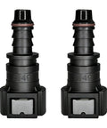 JYIS two-pack 90-degree fuel line quick connectors, 3/8 SAE to 5/16 nylon tubing, black plastic, side-by-side view