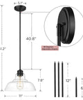 Industrial Kitchen Island Pendant Light With Clear Glass Shade, Black Metal Frame Ceiling Hanging Fixture dimensions and components