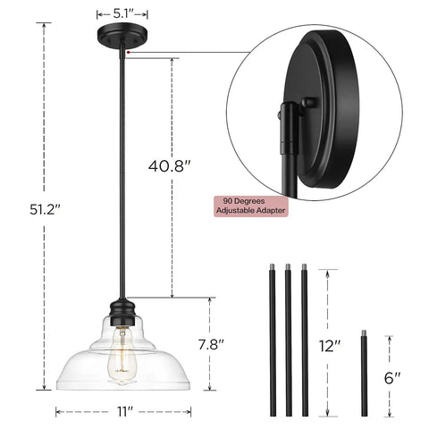 Industrial Kitchen Island Pendant Light With Clear Glass Shade, Black Metal Frame Ceiling Hanging Fixture dimensions and components