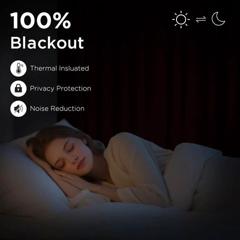 Woman sleeping in a dark room with Burgundy Red Blackout Curtains 96 Inch Long 2 Panels Rod Pocket Window Drapes Darkening Thermal Insulated Light Blocking For Bedroom And Living Room W52 X L96.