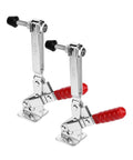 Two-Piece Long Arm Push Pull Toggle Clamp Set For Welding And Woodworking Jigs And Fixtures With Quick Release Lever Vertical Workpiece Fixation Beefy Heavy-Duty Build Easy Clamp And Release For Precise, Repeatable Fixturing. Front view showing red handles and metal clamps.