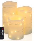 Flameless Wax Pillar Candles Set Of 3 Ivory With Embedded String Lights LED Battery Powered And 5 Hour Cycling Timer
