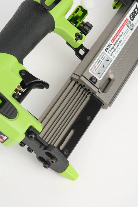 Top Tier 23 Gauge Headless Pin Nailer With Auto Lock Out And Adjustable Edge Guide showing compact design and magazine.
