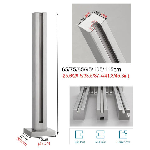 Built Different Stainless Steel Glass Railing Posts With Square Tube Design And Adjustable Heights For Indoor Hallways Outdoor Decks Pool Areas And Stairs Featuring A Rust Proof Brushed Finish, 65-115cm tall.