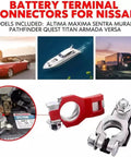 1 Pair Battery Terminal Connectors Positive And Negative Top Post With Plastic Bottoms For Nissan Vehicles Universal Auto Battery Cable Terminals 243407F000 243407F001 displayed individually and installed on battery