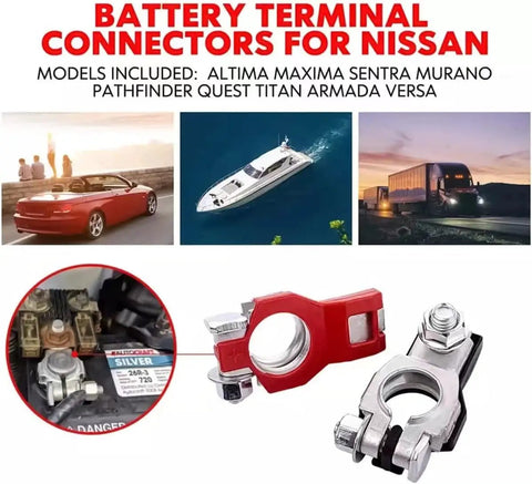 1 Pair Battery Terminal Connectors Positive And Negative Top Post With Plastic Bottoms For Nissan Vehicles Universal Auto Battery Cable Terminals 243407F000 243407F001 displayed individually and installed on battery