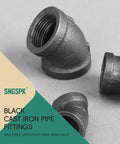 Black Cast Iron Half Inch 45 Degree Female Elbow Pipe Fitting Pack Of Four For DIY Steampunk Projects Industrial Shelving Brackets Vintage Home Decor And Everyday Plumbing Use, showing multiple fittings on a surface.