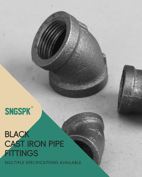 Black Cast Iron Half Inch 45 Degree Female Elbow Pipe Fitting Pack Of Four For DIY Steampunk Projects Industrial Shelving Brackets Vintage Home Decor And Everyday Plumbing Use, showing multiple fittings on a surface.