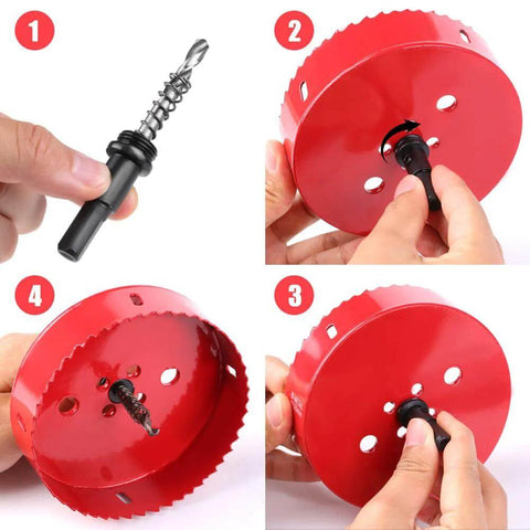4-1/2-inch red bimetal hole saw with arbor and drill bit; front/side/close-up views for metal wood plastic use