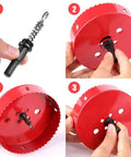 Front view of red 4-inch hole saw with M42 HSS bi-metal cutter, triangular shank, for wood, plastics, gypsum, thin metals