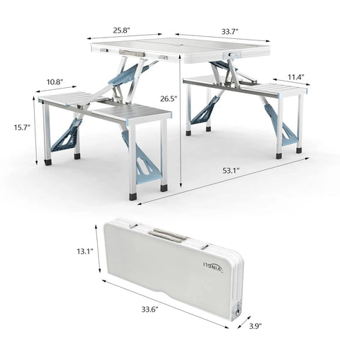 4 Ft Folding Camping Picnic Table Set With Seats And Umbrella Hole, Grab-And-Go Suitcase-Style Lightweight Aluminum Alloy Frame Table For RVs, dimensions shown