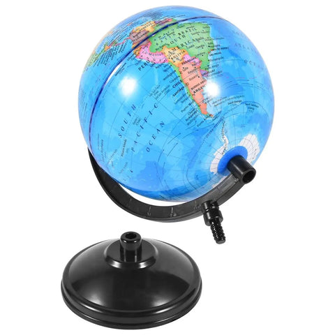 Rotating 6 Inch World Globe With Stand Kid Friendly For Learning Geography At School Or At Home shown with stand detached.