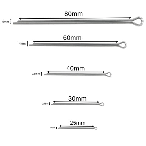 All-In-One Stainless Steel Cotter Pin Kit 25 Pcs In 5 Sizes M1.5x25 to M4x80 for automotive and axle fasteners