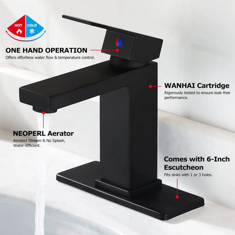 Brass Single-Handle Bathroom Sink Faucet With Escutcheon, Pop Up Drain, and Water Supply Hoses, Matte Black Finish, on sink edge