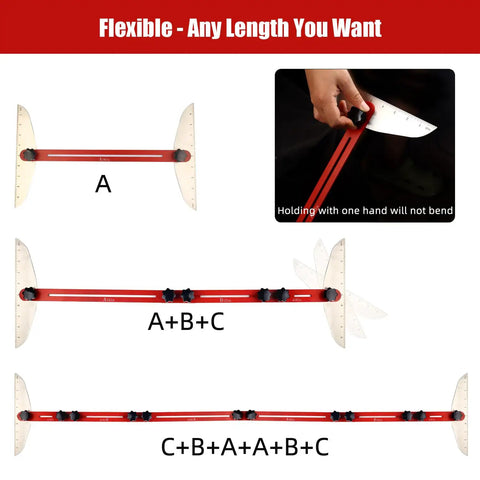 Accurate Stair Tread Measuring Tool With Adjustable Template Jig for Stairs and Risers showing length flexibility.