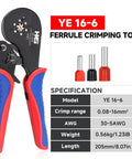 Pro Grade Ferrule Crimping Tool Kit For AWG 30 To 5 With 1200 Red Copper Terminals, Hexagonal Self Adjusting Ratchet Crimper front view