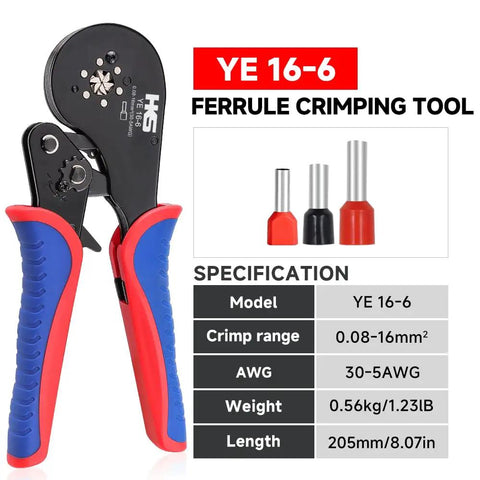 Pro Grade Ferrule Crimping Tool Kit For AWG 30 To 5 With 1200 Red Copper Terminals, Hexagonal Self Adjusting Ratchet Crimper front view
