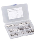 Stainless Steel Knurled Conical Spring Washer Kit, 140 Pieces, Includes M4 M5 M6 M8 M10 Sizes, Serrated And Durable, Organized Storage Box, Ideal For Automotive, Machinery, And DIY Fastener Assemblies. open box with assorted stainless steel knurled washers
