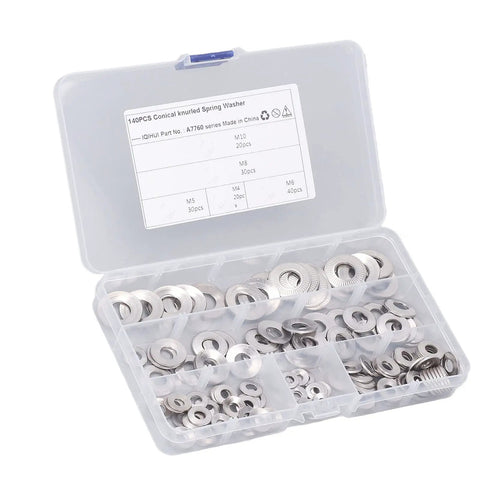 Stainless Steel Knurled Conical Spring Washer Kit, 140 Pieces, Includes M4 M5 M6 M8 M10 Sizes, Serrated And Durable, Organized Storage Box, Ideal For Automotive, Machinery, And DIY Fastener Assemblies. open box with assorted stainless steel knurled washers