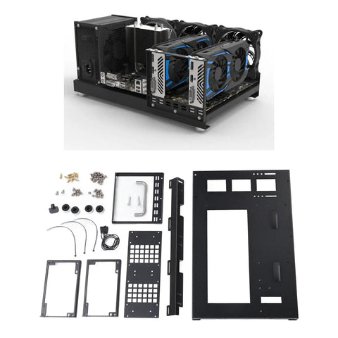 Open Air DIY Gaming PC Rig Case Rack With Handle Steel Plate Open Frame Chassis for ATX MATX ITX Boards, parts laid out