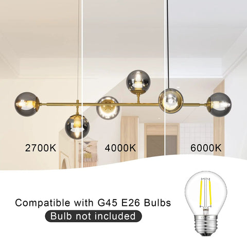 Modern Gold Pendant Lighting With Smoke Gray Glass Globes Adjustable 6-Light Hanging Ceiling Fixture for Living Room