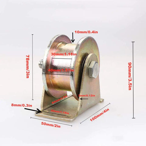 Smooth Rolling Heavy Duty Track Wheel For Sliding Gate Roller With Galvanized Steel Caster And Fixed Guide Rail Beefy Barn Door Hardware Built Tough For Carts And Gear, side view with dimensions.