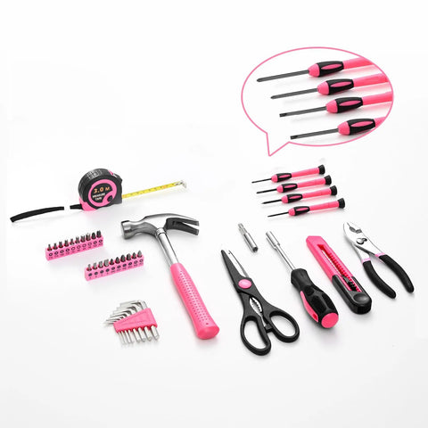 Pink 39 Piece Hand Tool Set For Women With Plastic Storage Box All Purpose Household Tool Kit For Home Garage Office Dorm Beginner Friendly Easy Grip Tools For Quick Fixes displayed on white background.