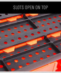 Close-up of pegboard panel slots on 30 Bin Wall Mounted Storage Rack System for Heavy Duty Garage Organization
