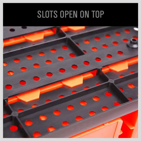 Close-up of pegboard panel slots on 30 Bin Wall Mounted Storage Rack System for Heavy Duty Garage Organization