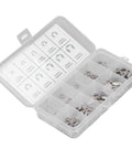 Heavy Duty Stainless Steel E Clamp Set 120 Piece Assortment Kit in open storage box showing various clamp sizes for fastening.