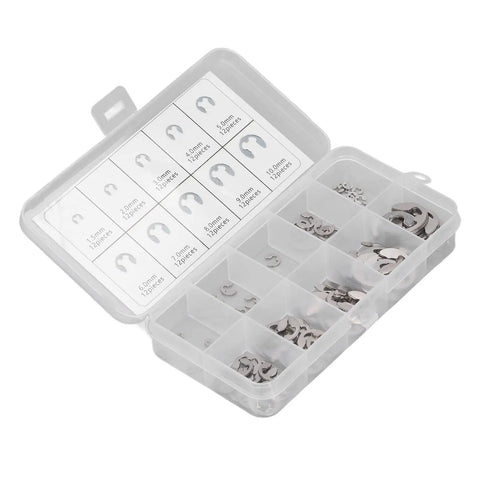 Heavy Duty Stainless Steel E Clamp Set 120 Piece Assortment Kit in open storage box showing various clamp sizes for fastening.
