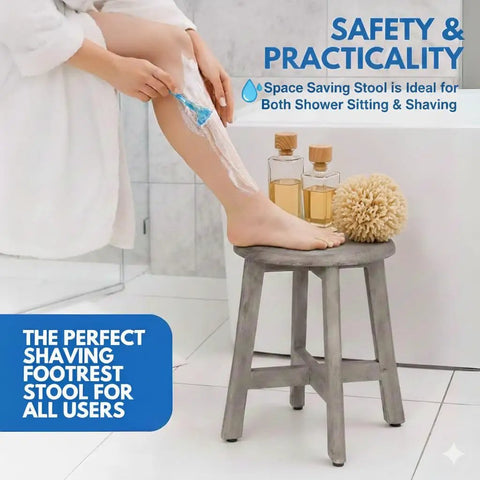 CoastalVogue 12 Inch Teak Shower Stool Round Gray Waterproof Bath Bench with a woman shaving her leg in a bathroom