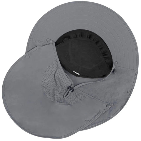 Sun Hat With Neck Flap And Detachable Face Cover, Wide Brim UPF 50 Plus Fishing Hat for Men and Women, dark gray color shown flat.
