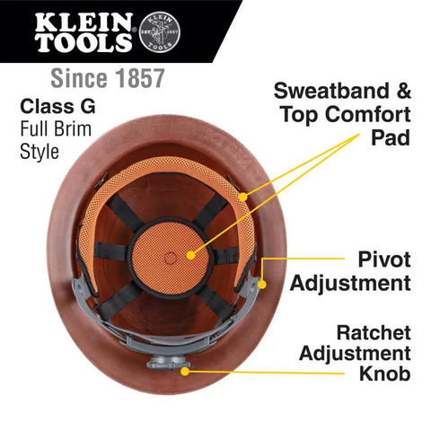 Top view of Full Brim KONSTRUCT Series Hard Hat 60452 On The Job Site, Class G Type 1 with Sweat-Wicking Sweatband and Top Pad, Brown.