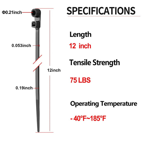 Heavy Duty Black Zip Ties With Screw Hole Mounting 12 Inch 75 Lbs Tensile Strength details and specifications displayed.