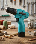 Built Tough 12V Cordless Drill With 25 Plus 1 Torque Settings And Dual Speed Modes on a workbench with tools and screws.