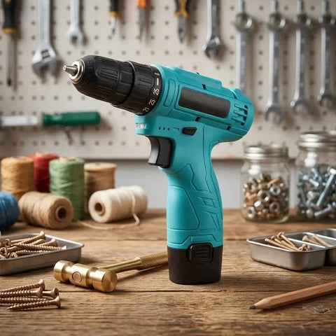 Built Tough 12V Cordless Drill With 25 Plus 1 Torque Settings And Dual Speed Modes on a workbench with tools and screws.