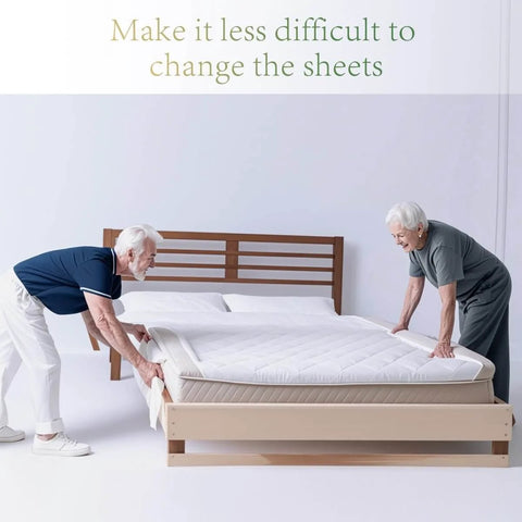 Elderly couple using Ergonomic Mattress Lifter Wedge And Bed Maker Tool For No Fuss One Person Bed Making And Sheets Change