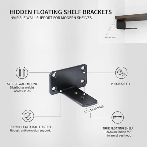Hidden Shelf Brackets For Floating Shelves Black Cold Rolled Steel Support For 1.2 To 1.5 Inch Thick Boards Invisible Mounting Hardware
