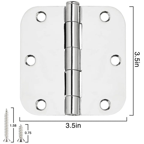 12 Pack 3.5 Inch Door Hinges With Rounded Ends And Polished Chrome Finish Includes 72 Long Mounting Screws, showing detail and measurements.