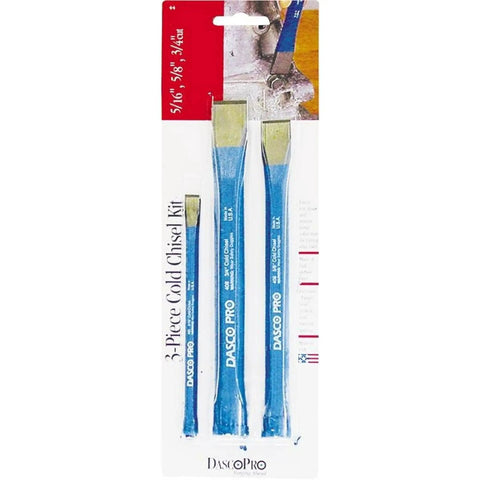 Three Piece Cold Chisel Kit Pro Grade Metalworking Tools Made In USA VN70044 packaging showing three chisels