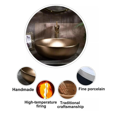 Modern Ceramic Vessel Sink with Faucet and Drain, Luxury Gold Oval/Rectangle Countertop Bathroom Vanity Basin, fine porcelain design.