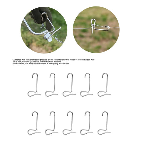Efficient Ranch Fence Repair Tool Set, 10-Piece Steel Wire Tensirs For Durable Barbed Wire Fences, shown in use and laid out.