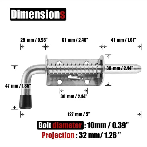 Stainless Steel Sliding Gate Latch Spring Loaded Locking Pin Barrel Bolt dimensions with measurements for installation.