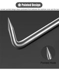 Close-up of the pointed tip of the Beefy Steel Manhole Cover Hook With Smart Leverage for efficient removal of manhole covers.