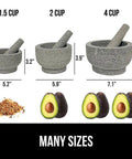 Three sizes of 100 Percent Natural Granite Mortar And Pestle Set With Non Scratch Base Heavy Duty Unpolished Molcajete shown with measurements, spices, avocados.